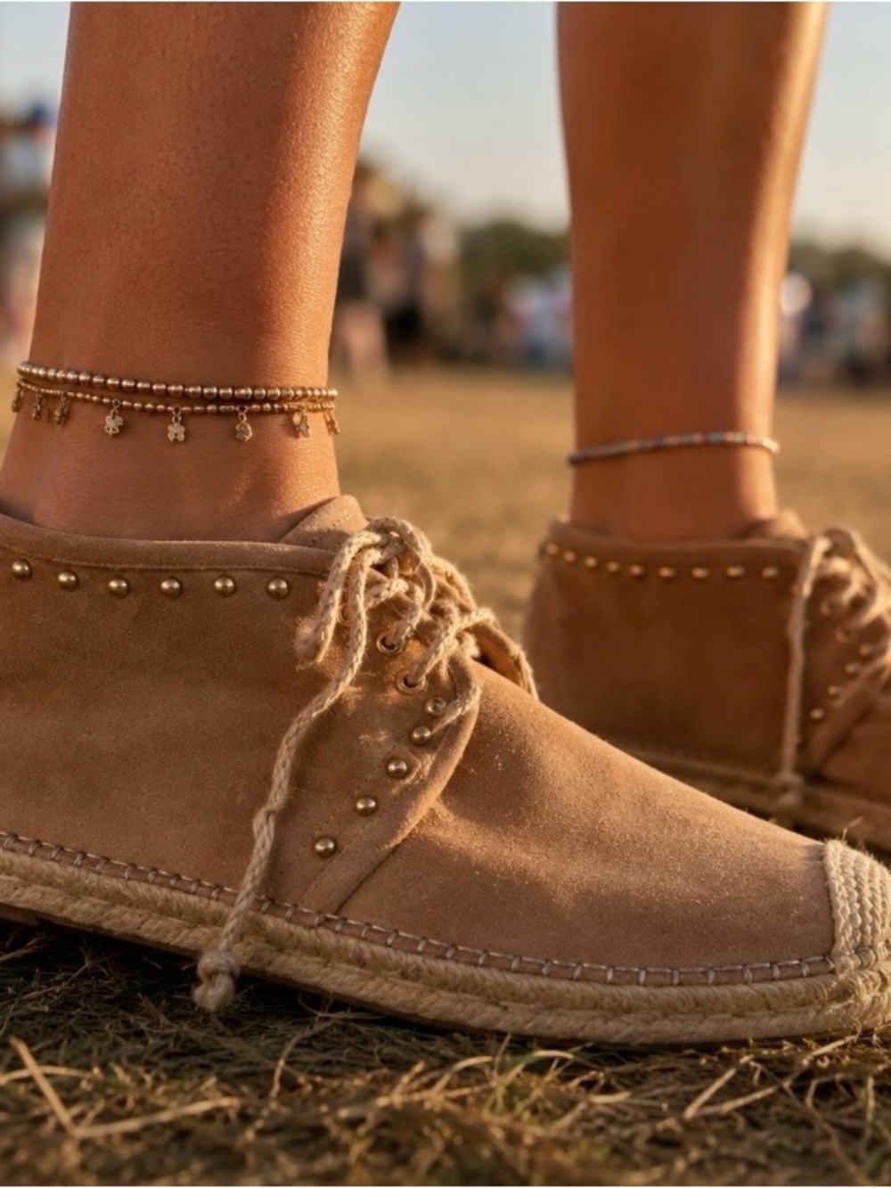 Stuart Weitzman Tan Suede Studded Lace-Up Espadrilles